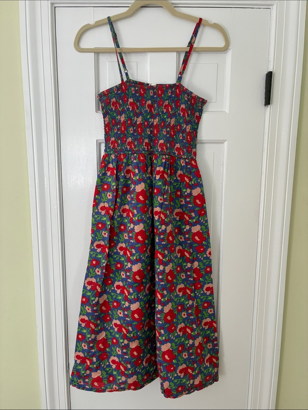 Red Floral Smocked Midi Dress with Spaghetti Straps
